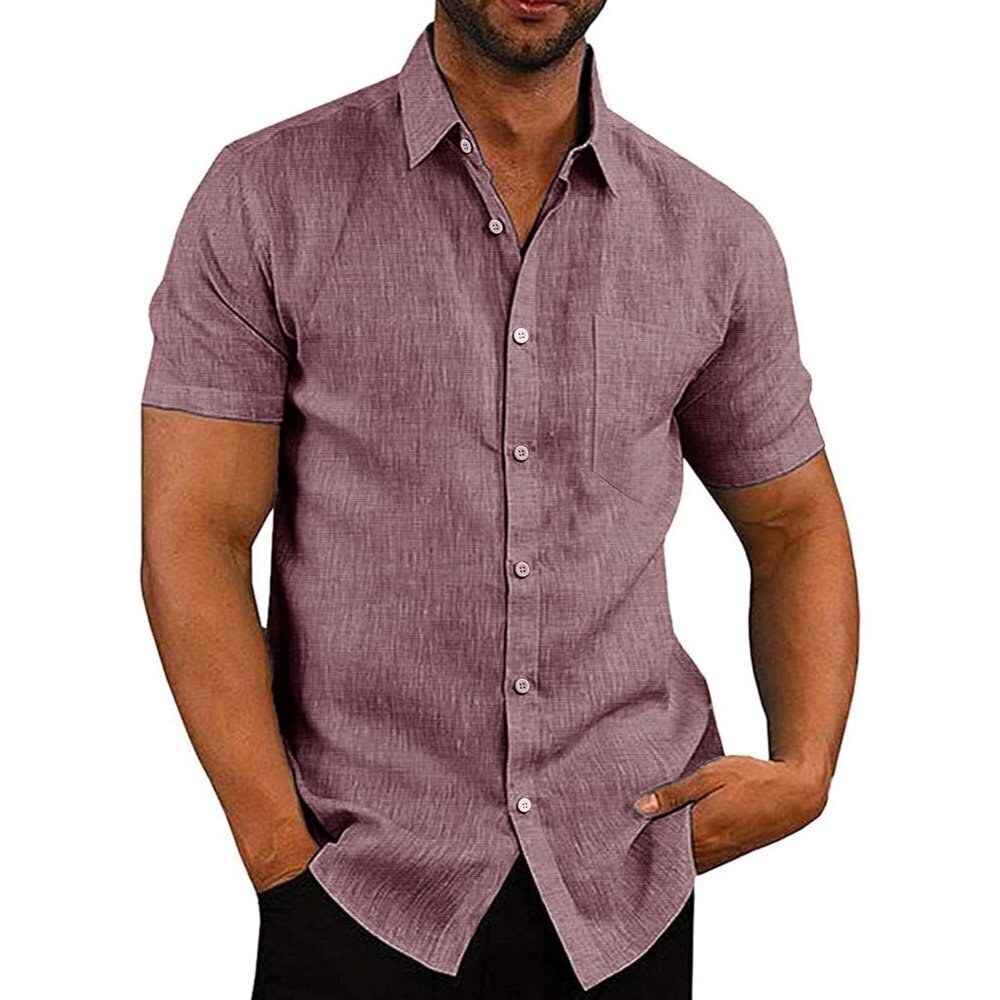 Men's Linen Shirts Casual Button Down Short Sleeve Summer Beach Dress Shirt